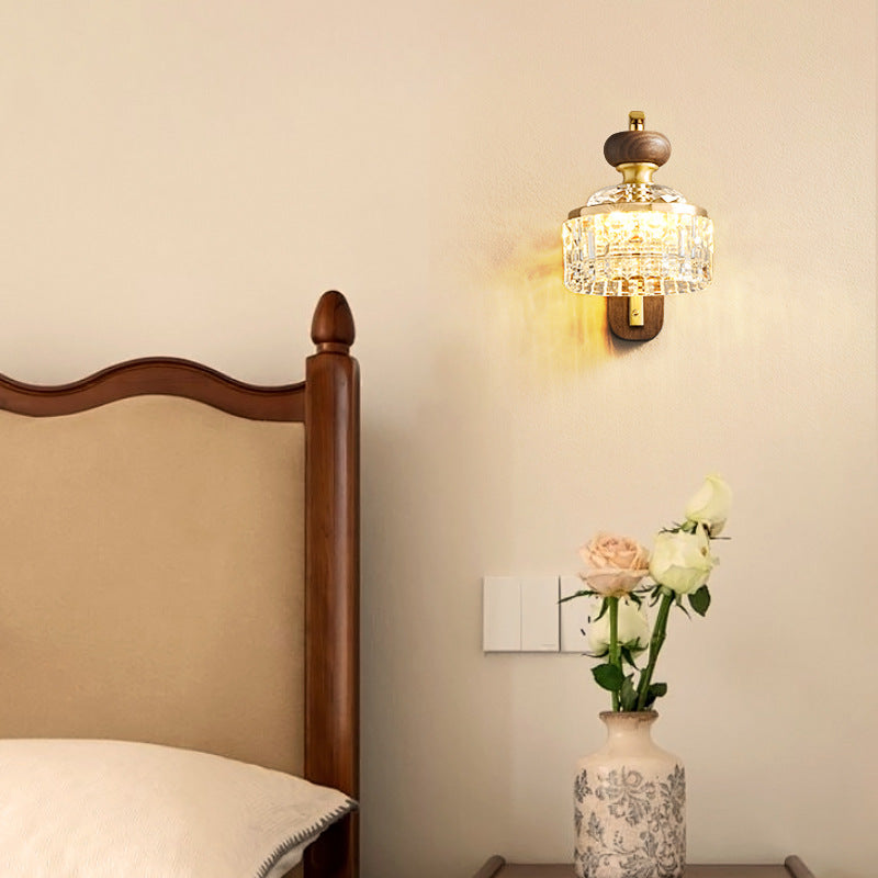 Traditional Luxury Round Acrylic Metal Solid Wood LED Wall Sconce Lamp For Bedroom