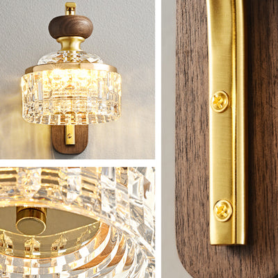 Traditional Luxury Round Acrylic Metal Solid Wood LED Wall Sconce Lamp For Bedroom