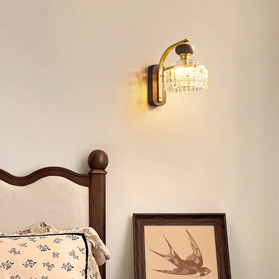 Traditional Luxury Round Acrylic Metal Solid Wood LED Wall Sconce Lamp For Bedroom