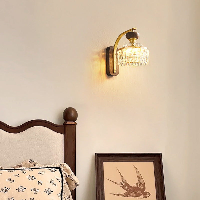 Traditional Luxury Round Acrylic Metal Solid Wood LED Wall Sconce Lamp For Bedroom