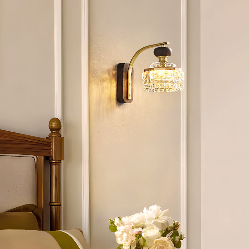 Traditional Luxury Round Acrylic Metal Solid Wood LED Wall Sconce Lamp For Bedroom
