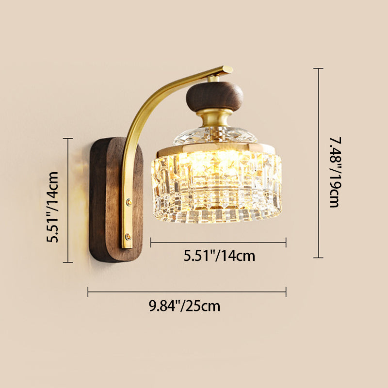 Traditional Luxury Round Acrylic Metal Solid Wood LED Wall Sconce Lamp For Bedroom