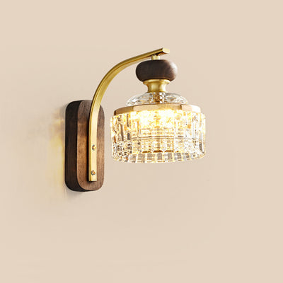 Traditional Luxury Round Acrylic Metal Solid Wood LED Wall Sconce Lamp For Bedroom
