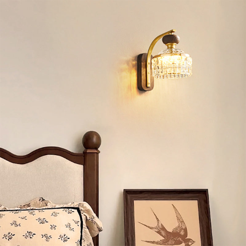 Traditional Luxury Round Acrylic Metal Solid Wood LED Wall Sconce Lamp For Bedroom
