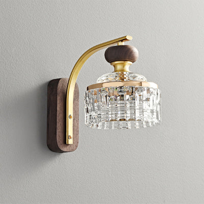 Traditional Luxury Round Acrylic Metal Solid Wood LED Wall Sconce Lamp For Bedroom