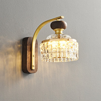 Traditional Luxury Round Acrylic Metal Solid Wood LED Wall Sconce Lamp For Bedroom