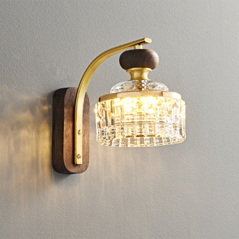 Traditional Luxury Round Acrylic Metal Solid Wood LED Wall Sconce Lamp For Bedroom