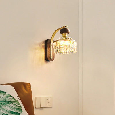 Traditional Luxury Round Acrylic Metal Solid Wood LED Wall Sconce Lamp For Bedroom