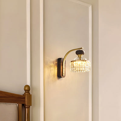 Traditional Luxury Round Acrylic Metal Solid Wood LED Wall Sconce Lamp For Bedroom