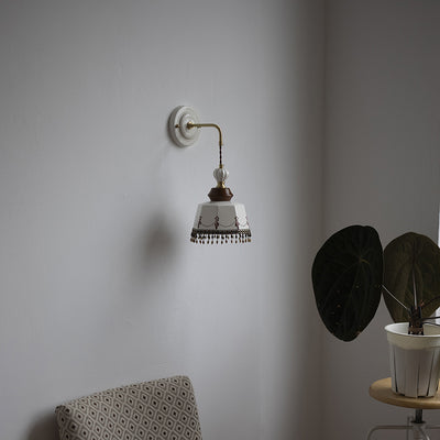 Contemporary Nordic Bowl Tassel Brass Solid Wood Iron Ceramic 1-Light Wall Sconce Lamp For Bedroom
