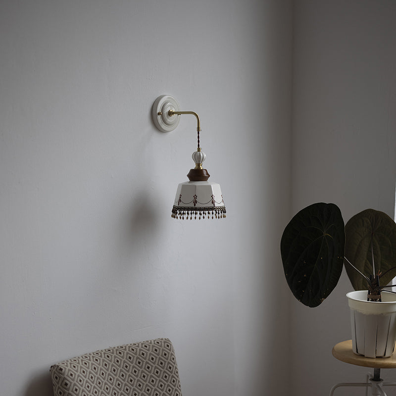 Contemporary Nordic Bowl Tassel Brass Solid Wood Iron Ceramic 1-Light Wall Sconce Lamp For Bedroom