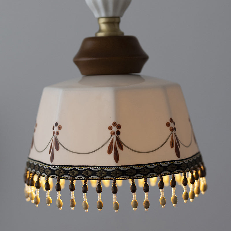 Contemporary Nordic Bowl Tassel Brass Solid Wood Iron Ceramic 1-Light Wall Sconce Lamp For Bedroom