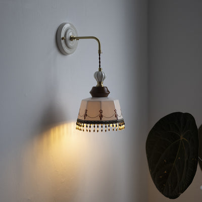 Contemporary Nordic Bowl Tassel Brass Solid Wood Iron Ceramic 1-Light Wall Sconce Lamp For Bedroom