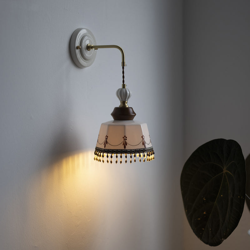 Contemporary Nordic Bowl Tassel Brass Solid Wood Iron Ceramic 1-Light Wall Sconce Lamp For Bedroom