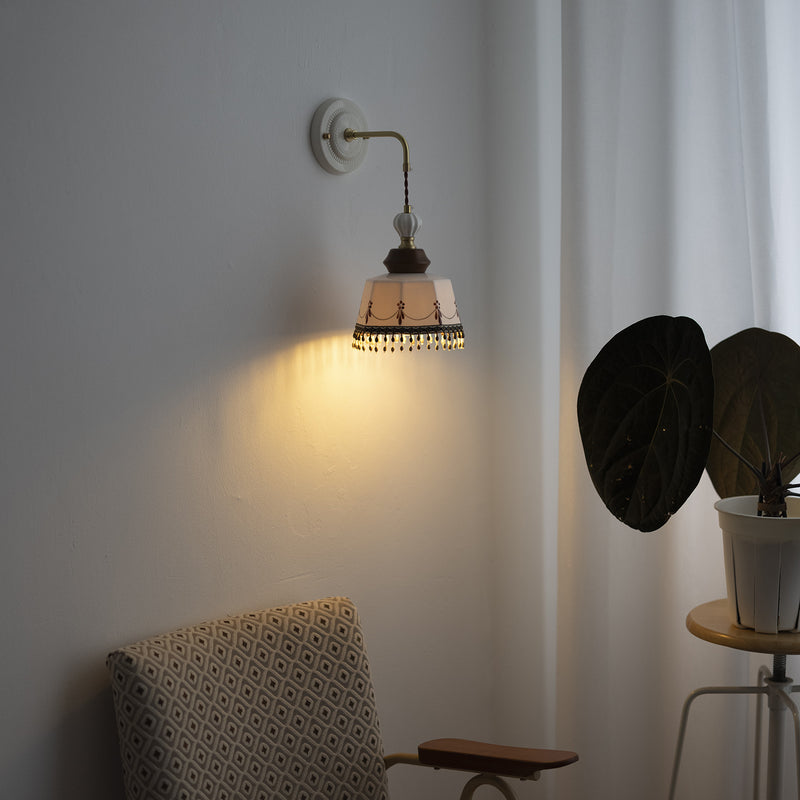 Contemporary Nordic Bowl Tassel Brass Solid Wood Iron Ceramic 1-Light Wall Sconce Lamp For Bedroom