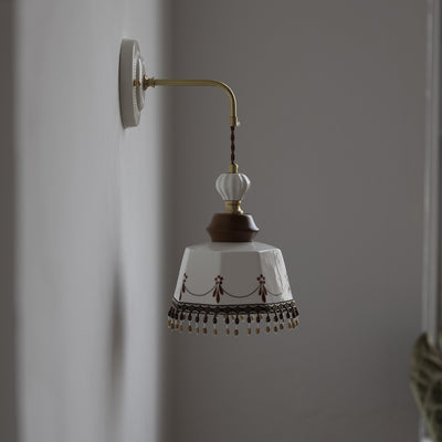 Contemporary Nordic Bowl Tassel Brass Solid Wood Iron Ceramic 1-Light Wall Sconce Lamp For Bedroom