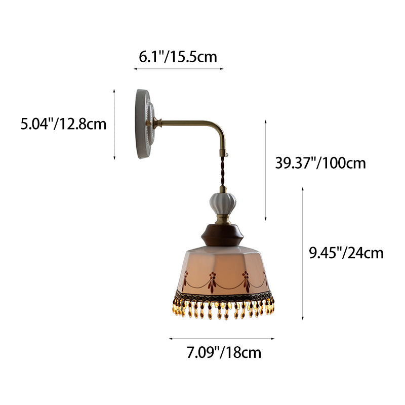 Contemporary Nordic Bowl Tassel Brass Solid Wood Iron Ceramic 1-Light Wall Sconce Lamp For Bedroom