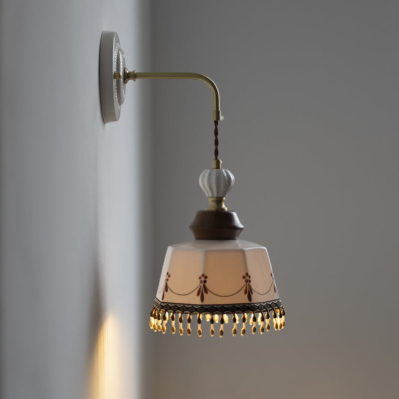 Contemporary Nordic Bowl Tassel Brass Solid Wood Iron Ceramic 1-Light Wall Sconce Lamp For Bedroom