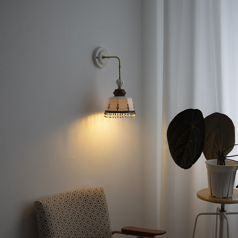 Contemporary Nordic Bowl Tassel Brass Solid Wood Iron Ceramic 1-Light Wall Sconce Lamp For Bedroom