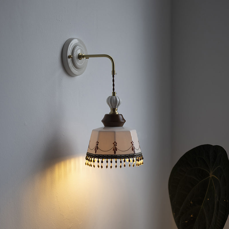 Contemporary Nordic Bowl Tassel Brass Solid Wood Iron Ceramic 1-Light Wall Sconce Lamp For Bedroom