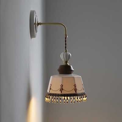 Contemporary Nordic Bowl Tassel Brass Solid Wood Iron Ceramic 1-Light Wall Sconce Lamp For Bedroom