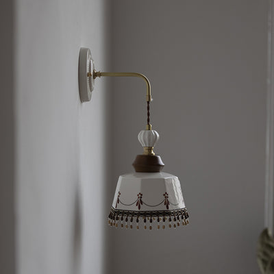 Contemporary Nordic Bowl Tassel Brass Solid Wood Iron Ceramic 1-Light Wall Sconce Lamp For Bedroom