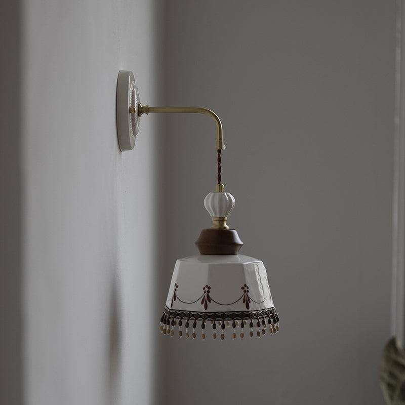 Contemporary Nordic Bowl Tassel Brass Solid Wood Iron Ceramic 1-Light Wall Sconce Lamp For Bedroom