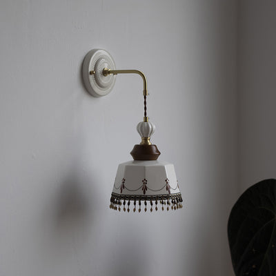 Contemporary Nordic Bowl Tassel Brass Solid Wood Iron Ceramic 1-Light Wall Sconce Lamp For Bedroom