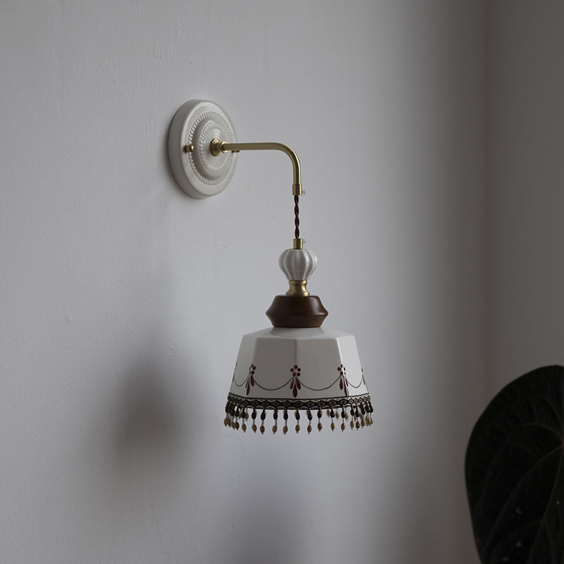 Contemporary Nordic Bowl Tassel Brass Solid Wood Iron Ceramic 1-Light Wall Sconce Lamp For Bedroom