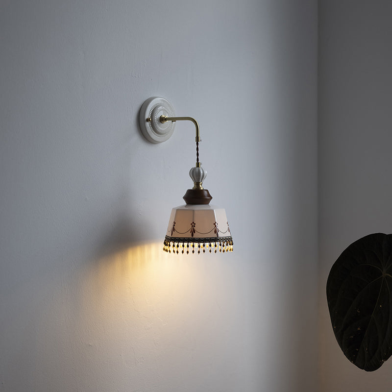 Contemporary Nordic Bowl Tassel Brass Solid Wood Iron Ceramic 1-Light Wall Sconce Lamp For Bedroom