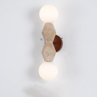 Traditionelle japanische geometrische Massivholz-Wandleuchte aus gelbem Travertin mit 2 Lichtern für das Wohnzimmer 