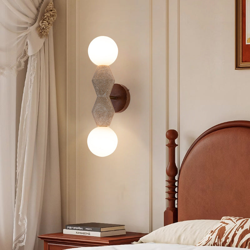 Traditionelle japanische geometrische Massivholz-Wandleuchte aus gelbem Travertin mit 2 Lichtern für das Wohnzimmer 
