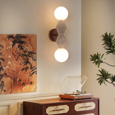 Traditionelle japanische geometrische Massivholz-Wandleuchte aus gelbem Travertin mit 2 Lichtern für das Wohnzimmer 
