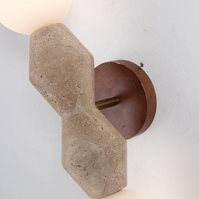 Traditionelle japanische geometrische Massivholz-Wandleuchte aus gelbem Travertin mit 2 Lichtern für das Wohnzimmer 