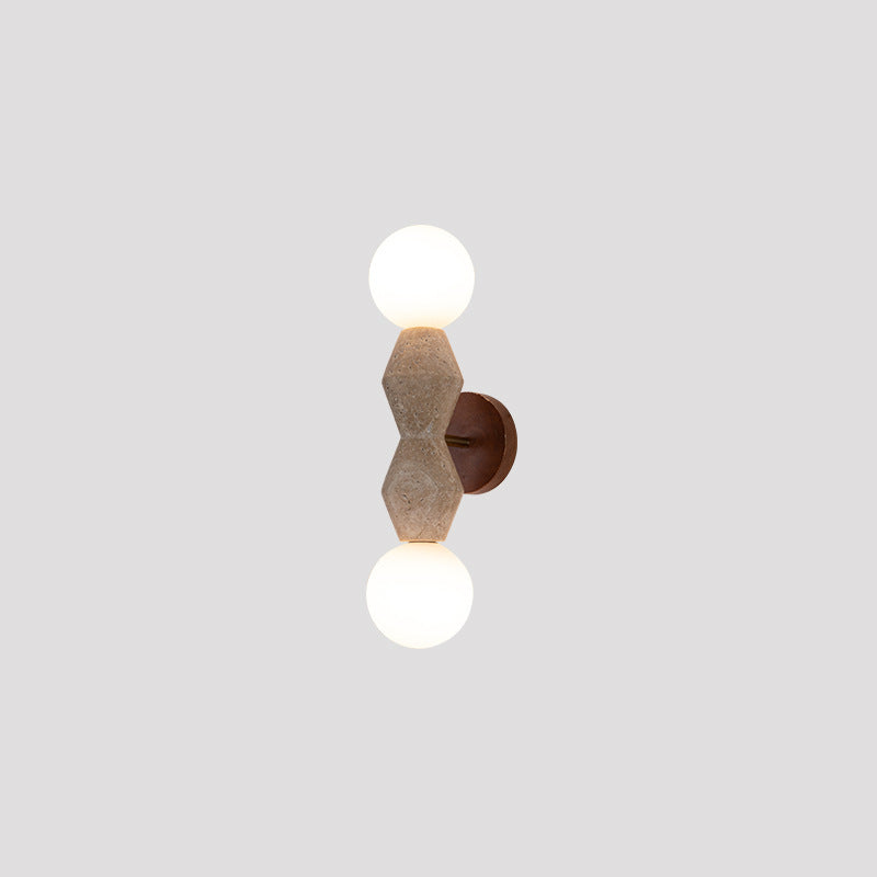 Traditionelle japanische geometrische Massivholz-Wandleuchte aus gelbem Travertin mit 2 Lichtern für das Wohnzimmer 