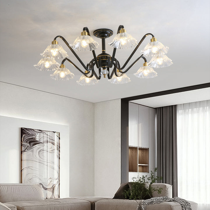 Contemporary Luxury Flower Brass Crystal Glass 3/5/6/8/10/15-Light Chandelier For Living Room