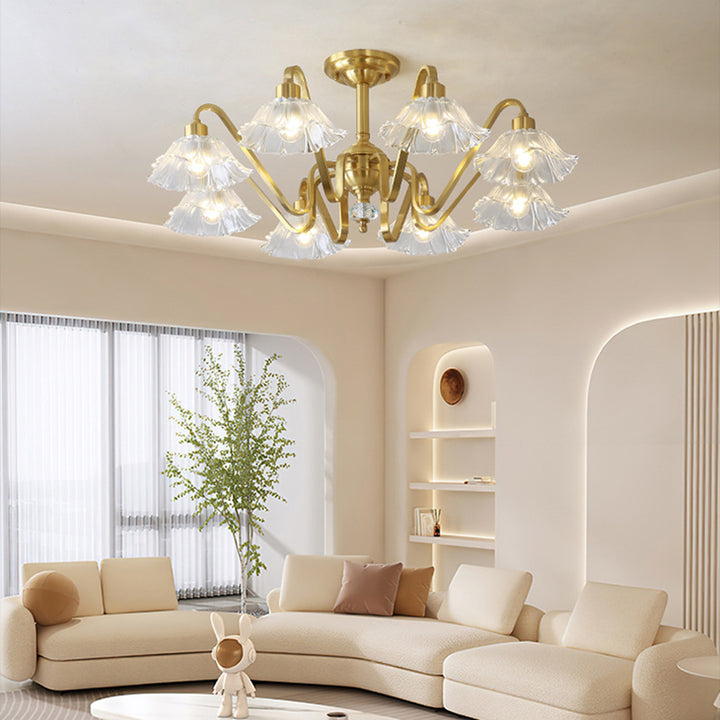 Contemporary Luxury Flower Brass Crystal Glass 3/5/6/8/10/15-Light Chandelier For Living Room