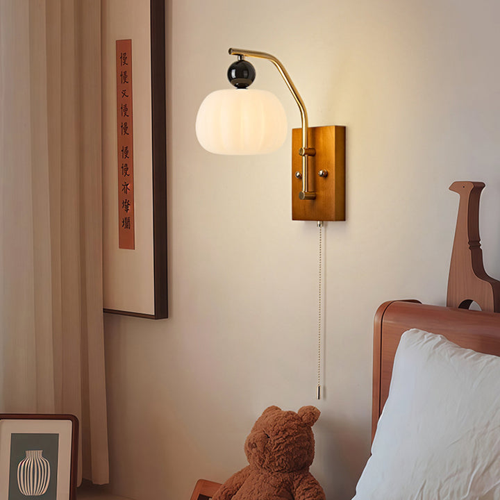 Traditionelle Vintage-Kürbis- &amp; Ovale Massivholz-Eisenharz-Reißverschluss 1-Licht-Wandleuchte für Schlafzimmer 