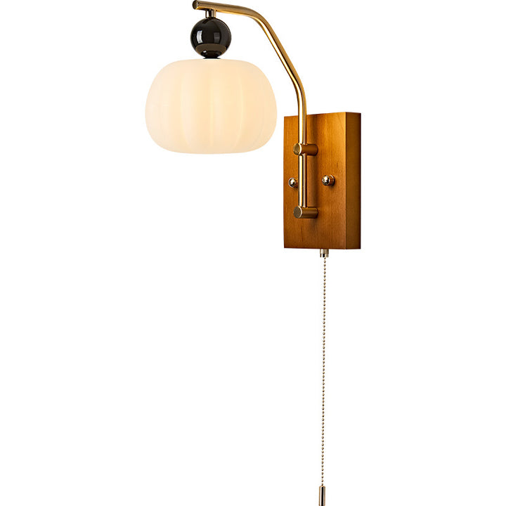 Traditionelle Vintage-Kürbis- &amp; Ovale Massivholz-Eisenharz-Reißverschluss 1-Licht-Wandleuchte für Schlafzimmer 