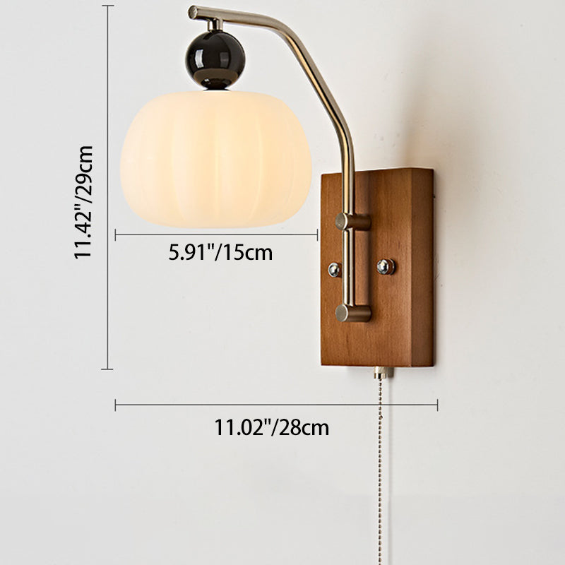 Traditionelle Vintage-Kürbis- &amp; Ovale Massivholz-Eisenharz-Reißverschluss 1-Licht-Wandleuchte für Schlafzimmer 