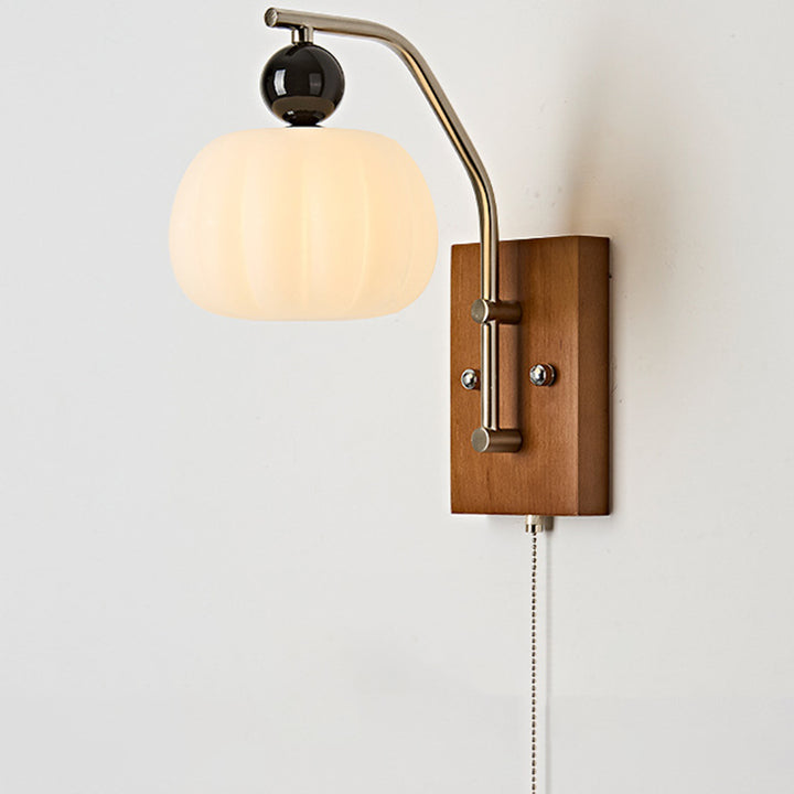Traditionelle Vintage-Kürbis- &amp; Ovale Massivholz-Eisenharz-Reißverschluss 1-Licht-Wandleuchte für Schlafzimmer 