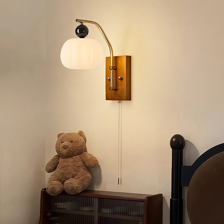 Traditionelle Vintage-Kürbis- &amp; Ovale Massivholz-Eisenharz-Reißverschluss 1-Licht-Wandleuchte für Schlafzimmer 