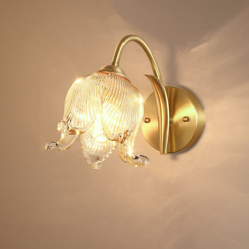 Traditional Rustic Tulip Brass Glass 1-Light Wall Sconce Lamp For Living Room