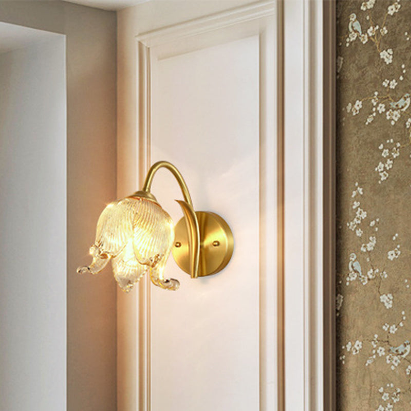 Traditional Rustic Tulip Brass Glass 1-Light Wall Sconce Lamp For Living Room