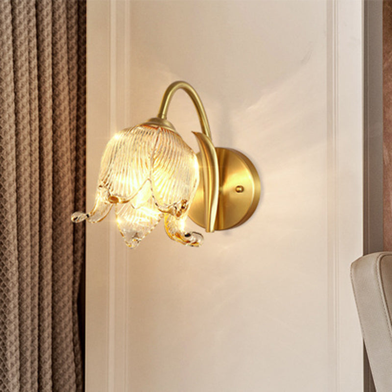 Traditional Rustic Tulip Brass Glass 1-Light Wall Sconce Lamp For Living Room