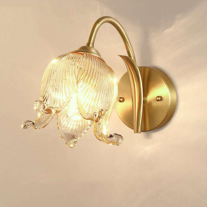 Traditional Rustic Tulip Brass Glass 1-Light Wall Sconce Lamp For Living Room