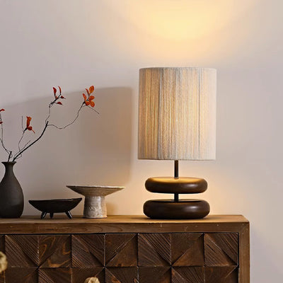 Traditional Japanese Cylindrical Iron Wood Fabric 1-Light Table Lamp For Bedroom