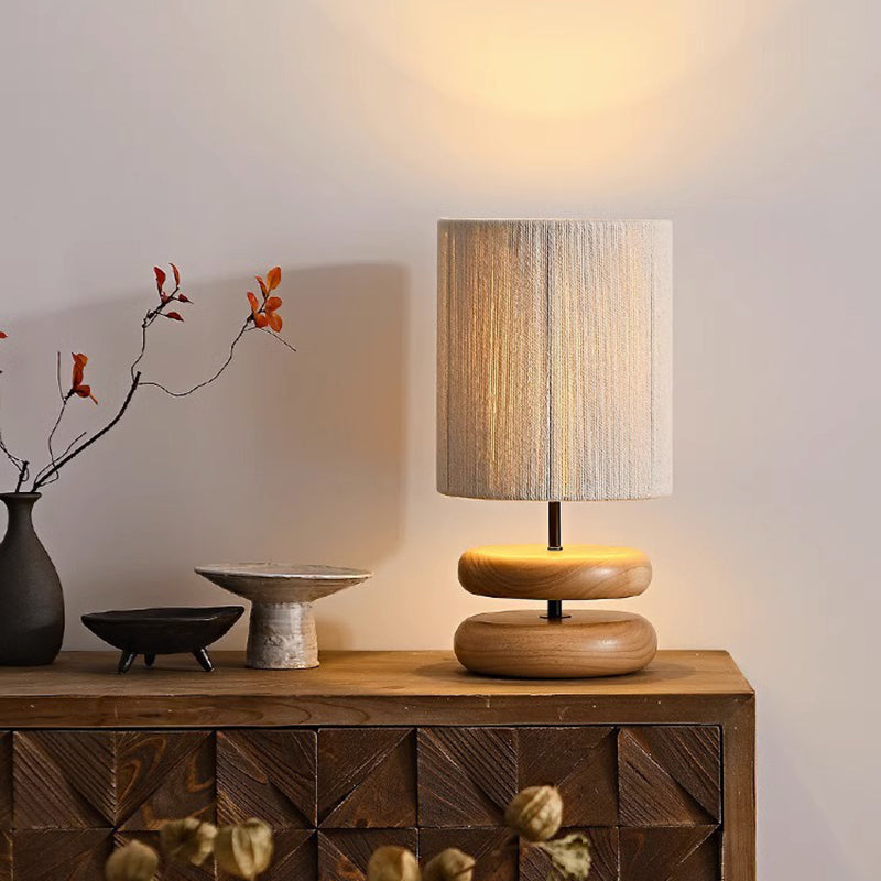 Traditional Japanese Cylindrical Iron Wood Fabric 1-Light Table Lamp For Bedroom