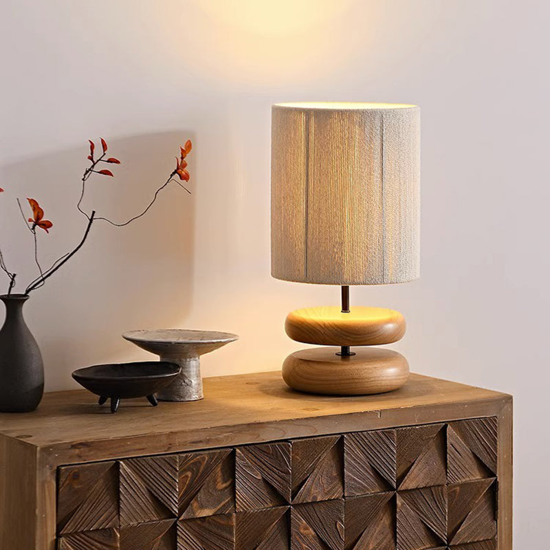 Traditional Japanese Cylindrical Iron Wood Fabric 1-Light Table Lamp For Bedroom