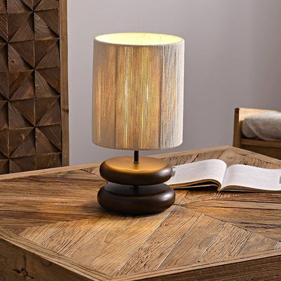 Traditional Japanese Cylindrical Iron Wood Fabric 1-Light Table Lamp For Bedroom
